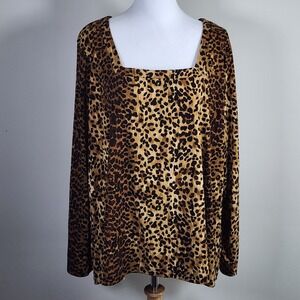 Grace Leopard Print Top Womens 3X Square Neck Stretch Animal Safari Office Work
